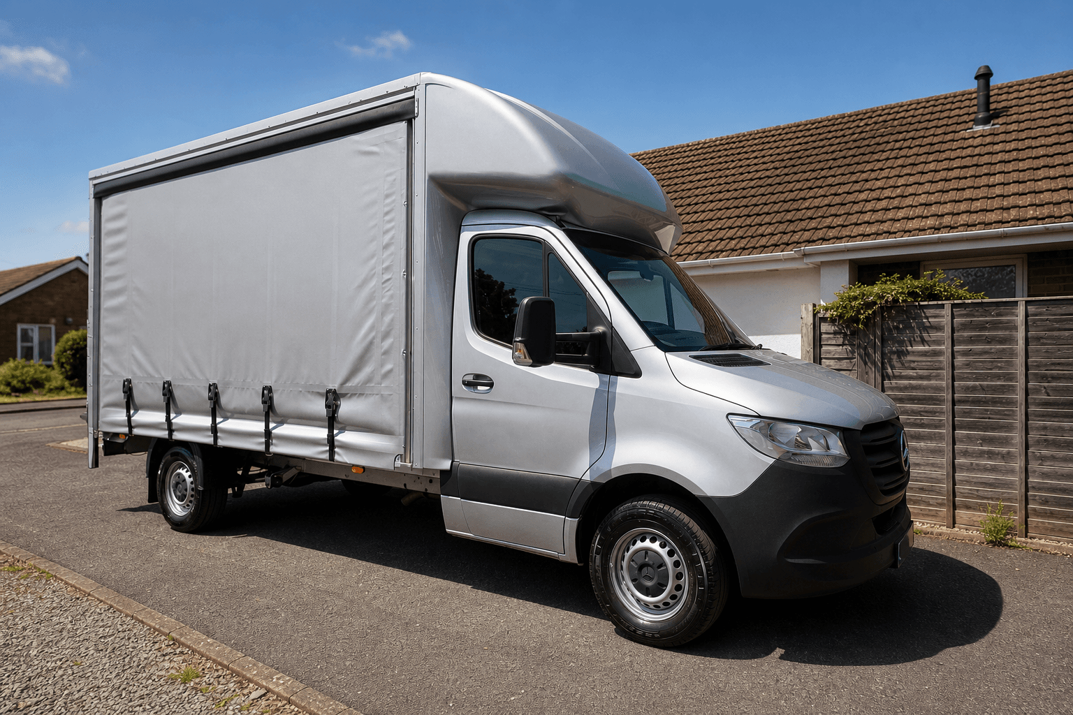 Your Brolly's silver 3.5 tonne curtainside Luton van parked on a quiet residential street on a sunny day, curtain sides closed and strapped.